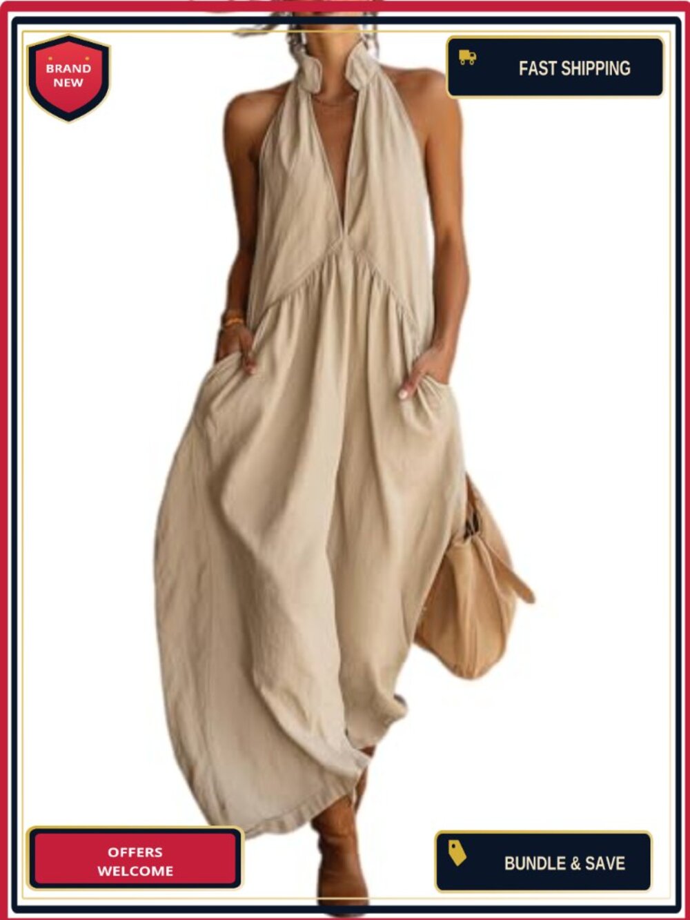 Sleeveless Linen Maxi Tank Dress Flowy Summer Vacation with Pockets